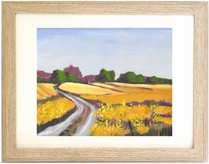 Framed painting of a rural landscape with a road and yellow fields. Canola by Teri Stephens