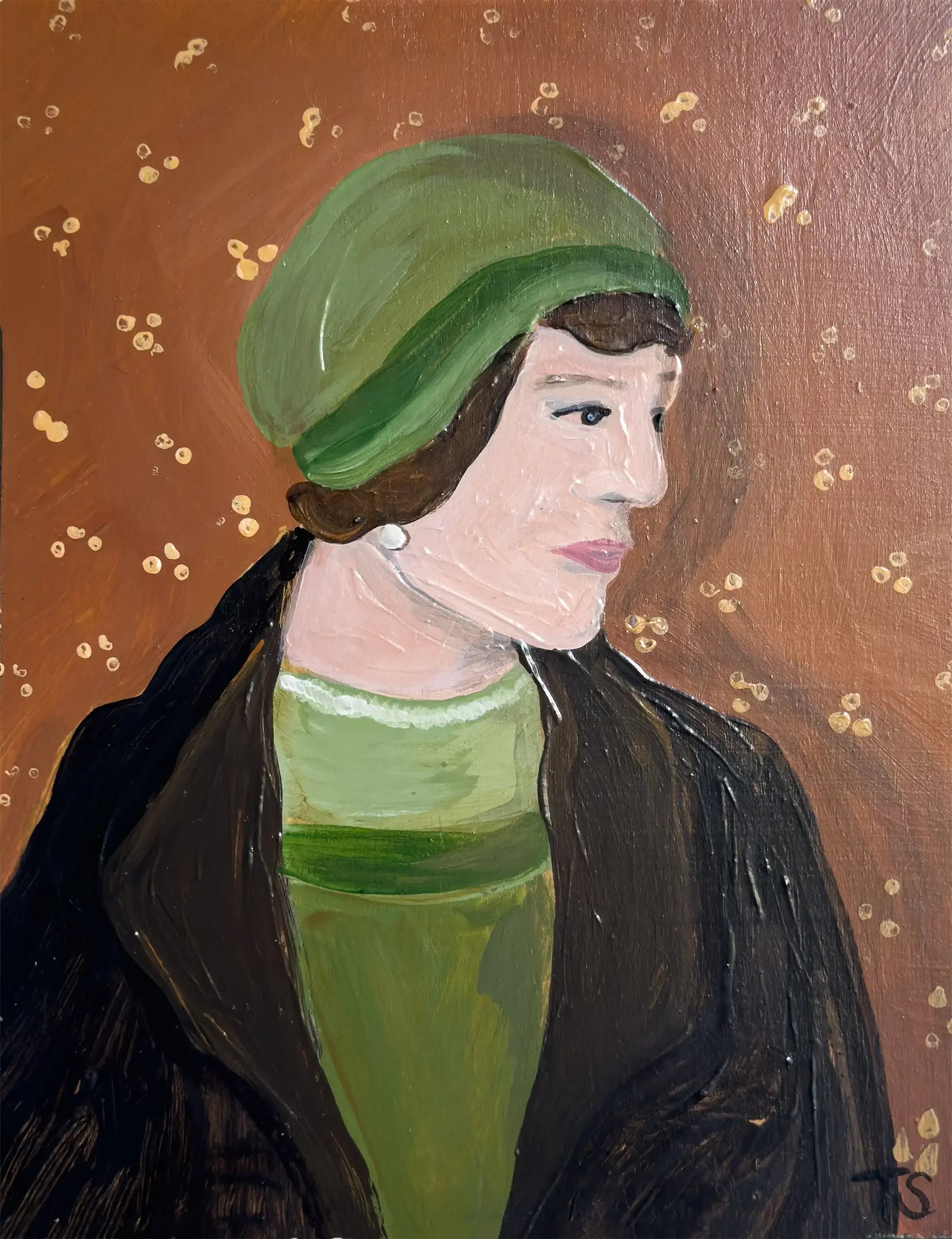 Painting of a person wearing a green headscarf and green dress against a brown background with gold accents. Title: Clara by artist Teri Stephens