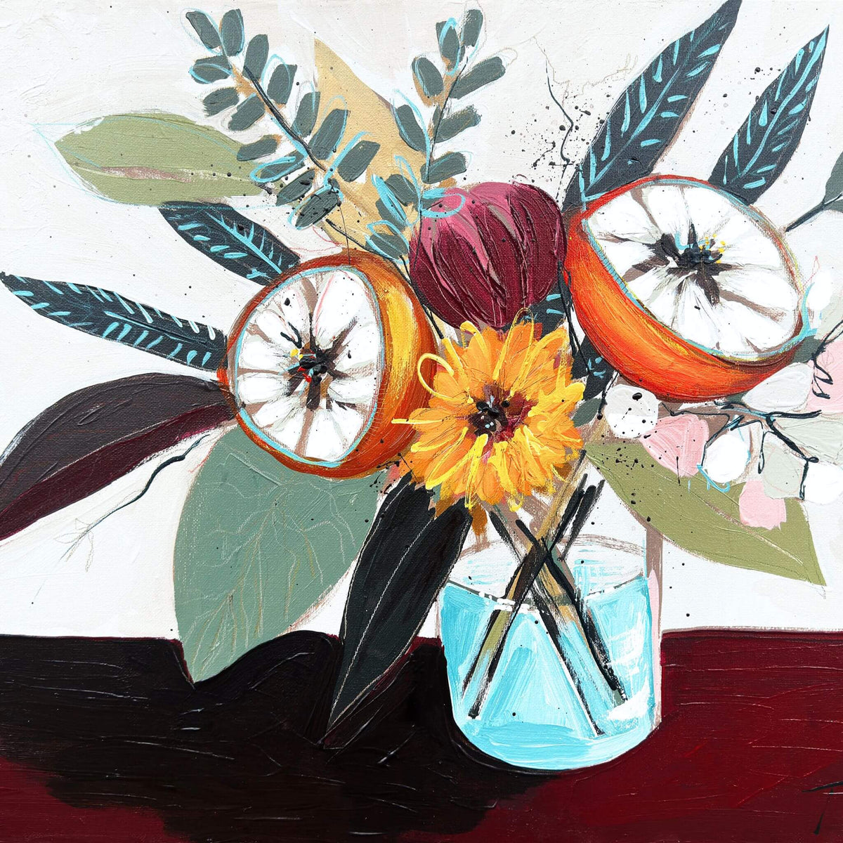 Collected is an original floral still life painting by Teri Stephens, featuring orange fruit, yellow flowers and expressive foliage in a turquoise vase, shown in a natural wood floater frame.