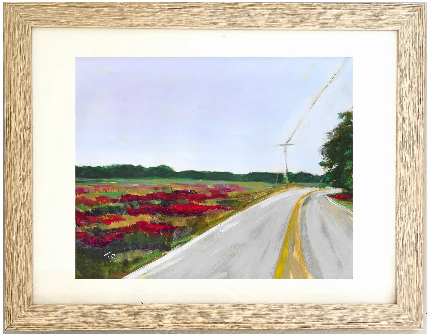 Framed painting titled "Crimson" by Teri Stephens. Original artwork depicts a rural country road next to a field of blooming crimson clover.