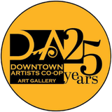 A circular yellow and black logo for Downtown Artists Co-Op Art Gallery featuring 'DA25 years' and 'Downtown Artists Co-Op Art Gallery' text.