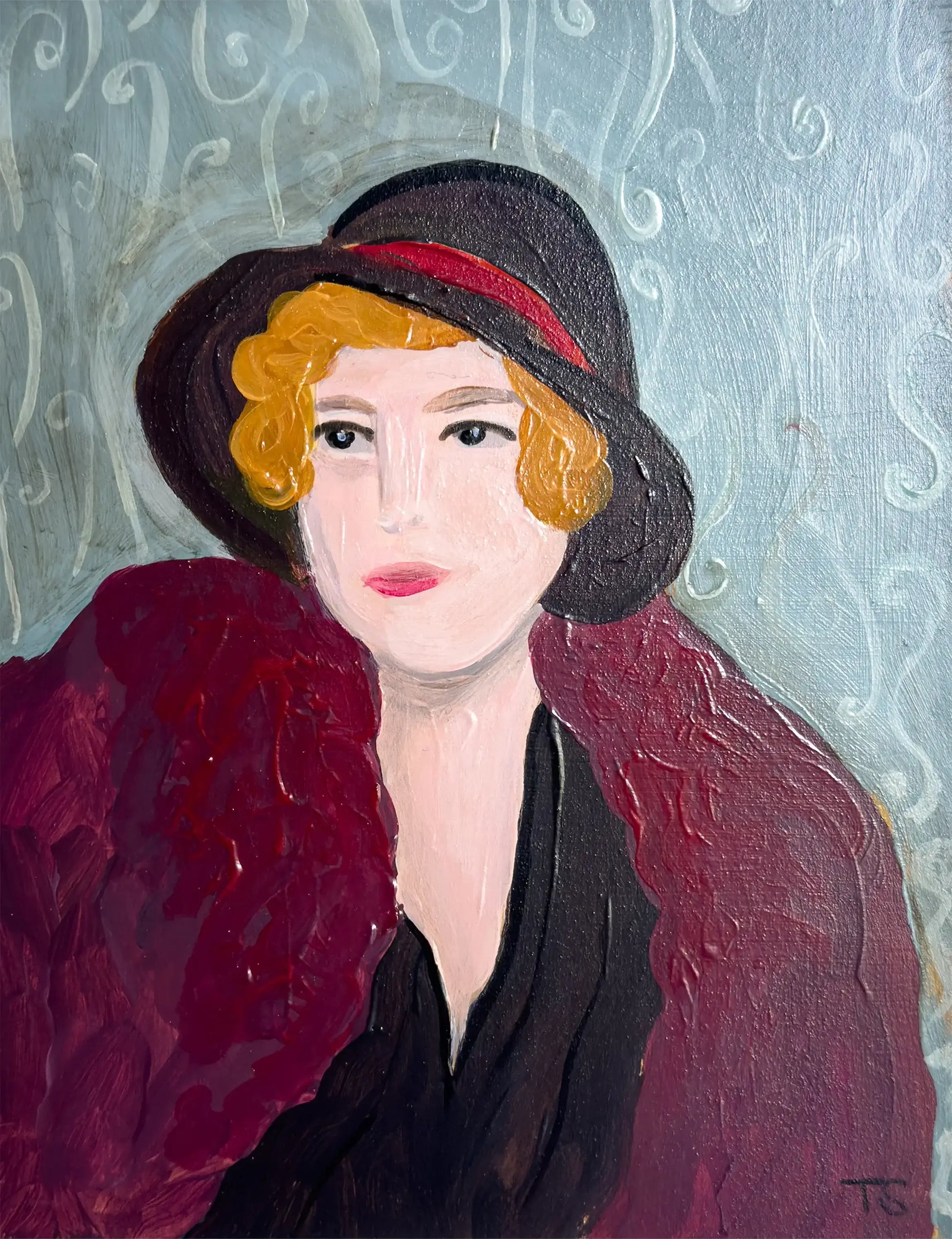"Della" by artist Teri Stephens. Part of the Whimsical Portrait painting series, Della is wearing a burgundy coat and a black hat, with her golden curls peeking out.