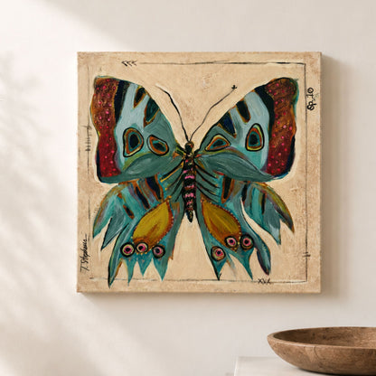 Diverge is an original painting of a colorful, large tropical moth, by Tennessee artist Teri Stephens.