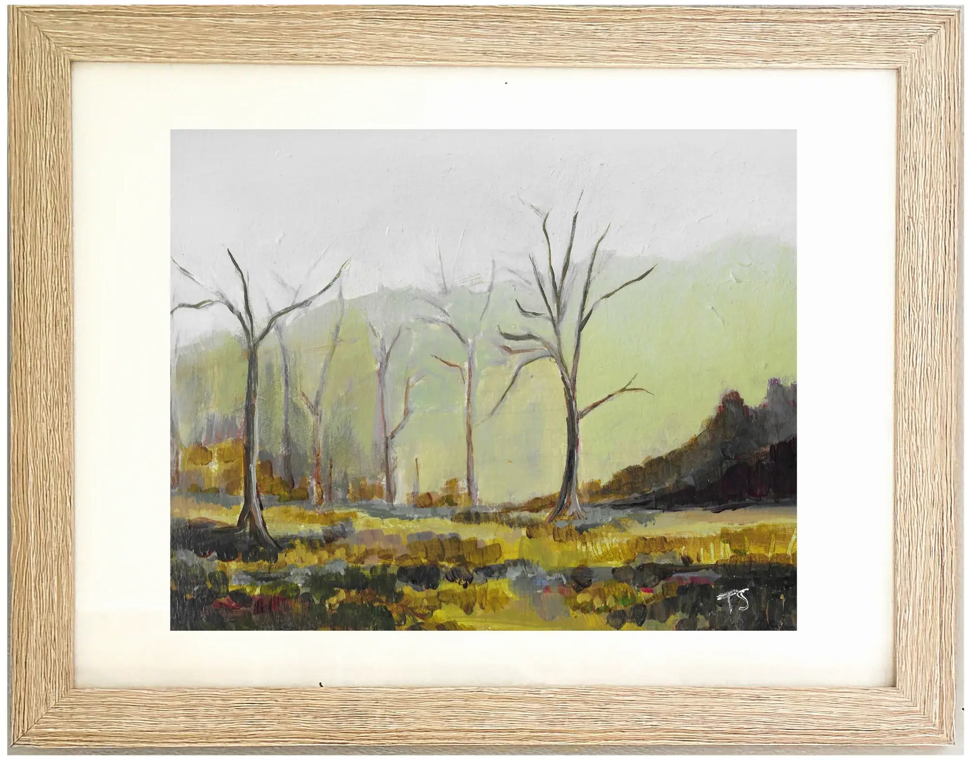 Framed painting of a landscape with trees, titled "Dormant" by Teri Stephens