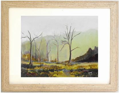 Framed painting of a landscape with trees, titled "Dormant" by Teri Stephens