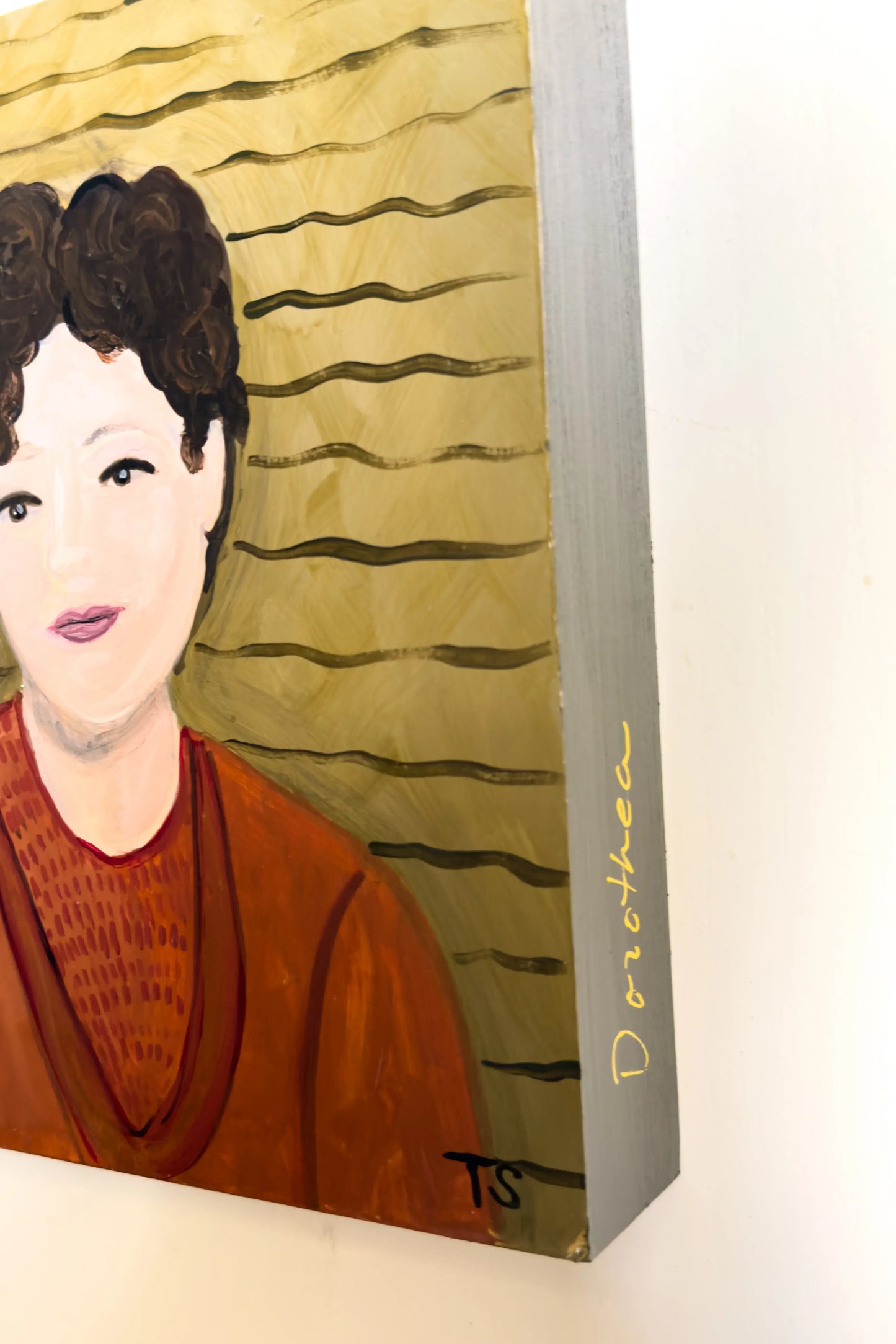 Portrait painting of a woman with a textured yellow background. side view of original artwork titled "Dorothea" by artist Teri Stephens