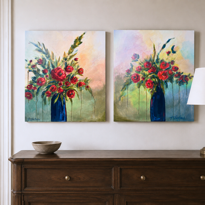 Two original paintings titled Tomorrow and Yesterday by artist Teri Stephens, 24 x 30 on gallery canvas, featuring bold red blooms on strong green stems in a rich blue vase on a muted, atmospheric background. Styled in a neutral traditional interior