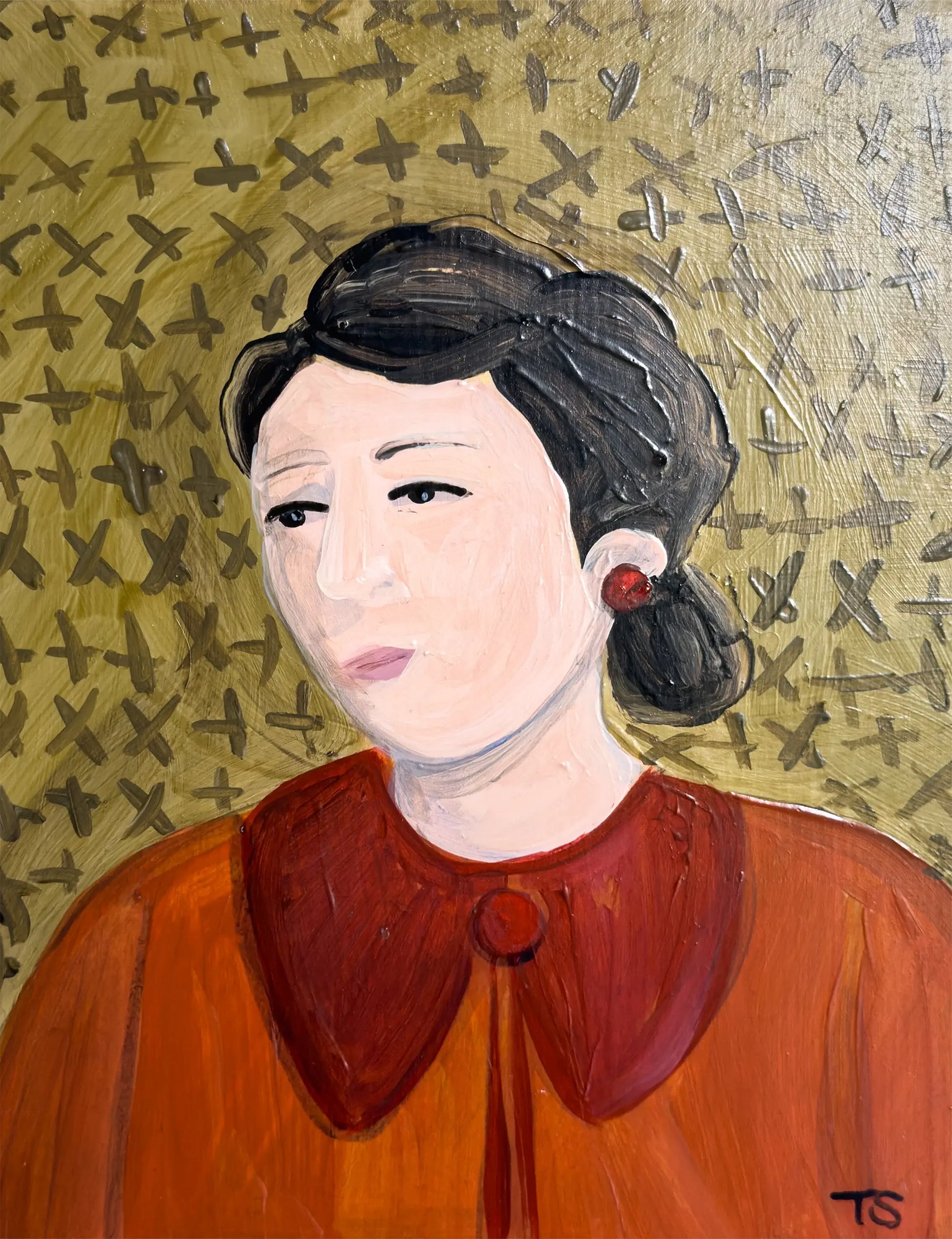 Artistic portrait of a woman with a textured gold background. "Eloise" by artist Teri Stephens