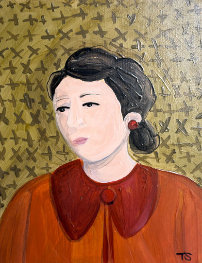 Artistic portrait of a woman with a textured gold background. "Eloise" by artist Teri Stephens