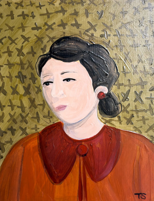 Artistic portrait of a woman with a textured gold background. "Eloise" by artist Teri Stephens