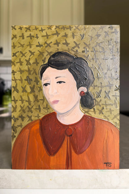 Painting of a woman with a patterned background, whimsical portrait art by artist Teri Stephens, titled "Eloise"