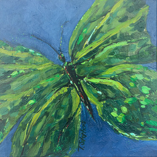 Original artwork titled 'Emerge' by Teri Stephens. Painting of a green butterfly on a blue background.