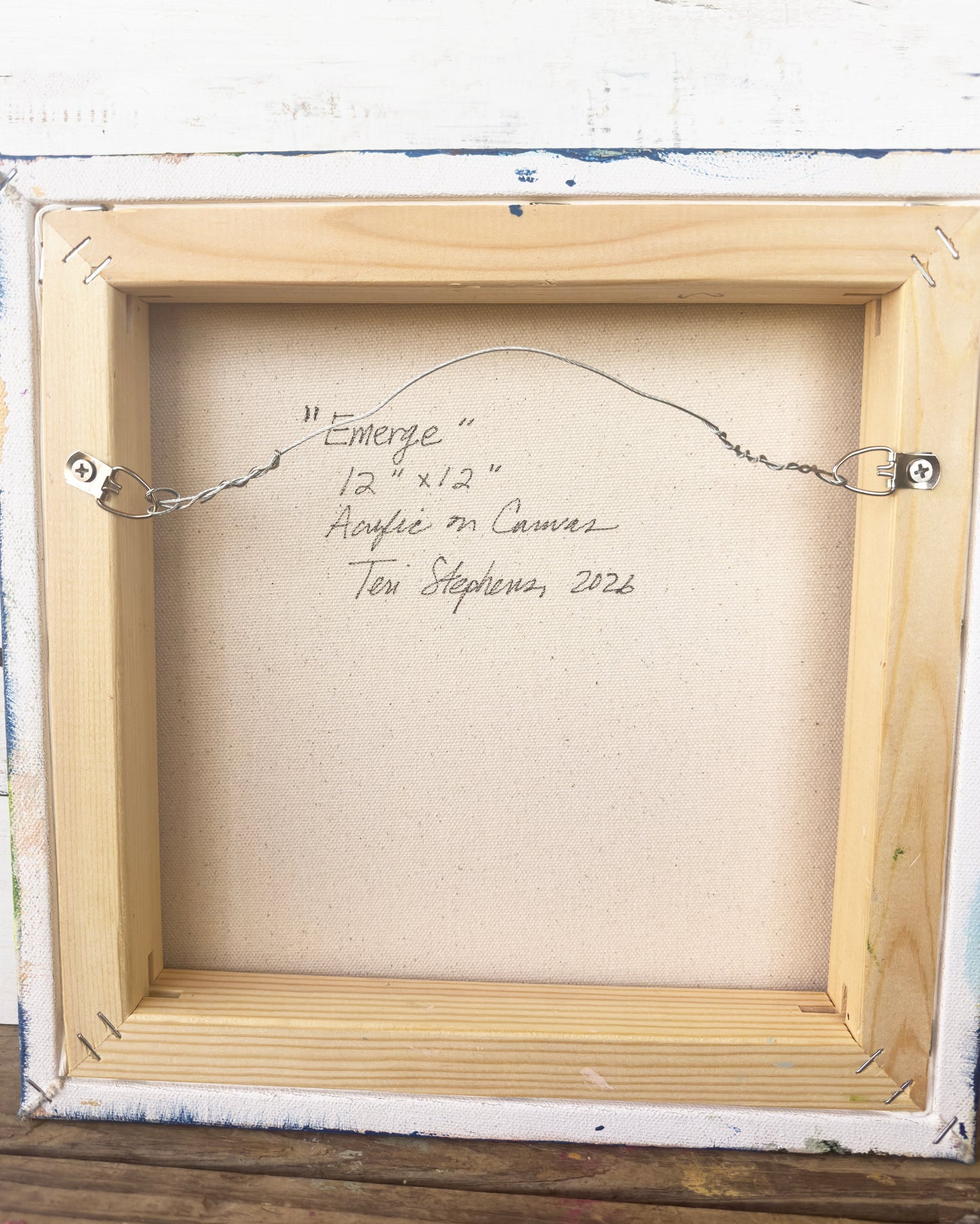 Back of a framed artwork with artist's signature and details, titled "Emerge" by Teri Stephens