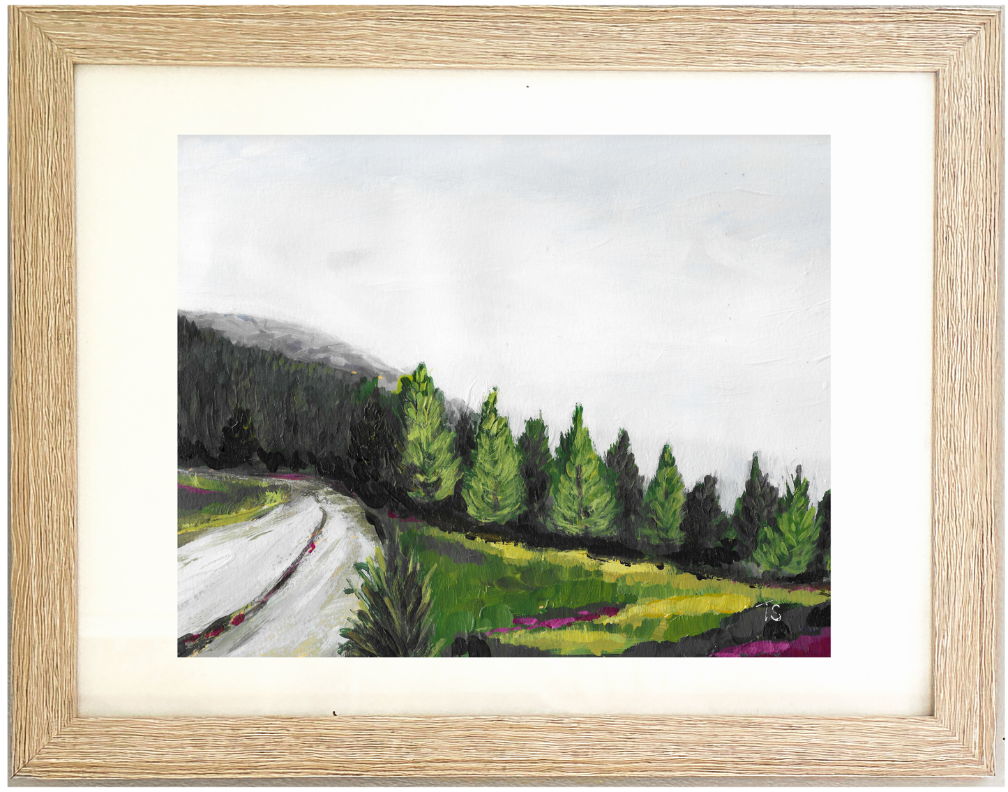 Framed painting of a landscape with a road and trees, titled "Evergreen" by Tennessee artist Teri Stephens