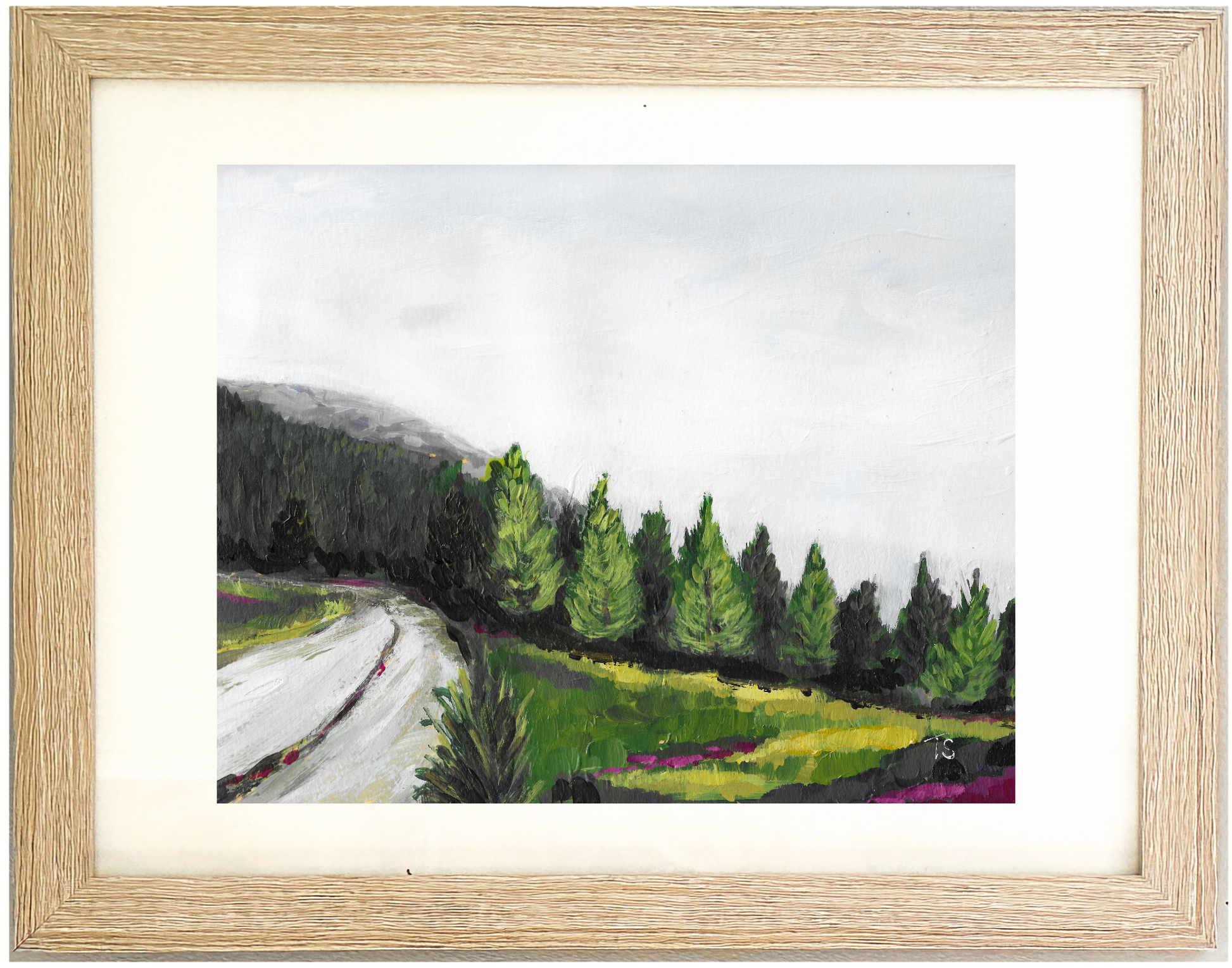 Framed painting of a landscape with a road and trees, titled "Evergreen" by Tennessee artist Teri Stephens