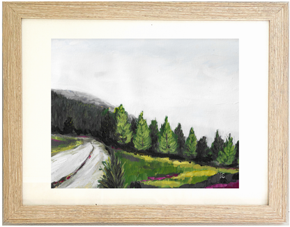 Framed painting of a landscape with a road and trees, titled "Evergreen" by Tennessee artist Teri Stephens