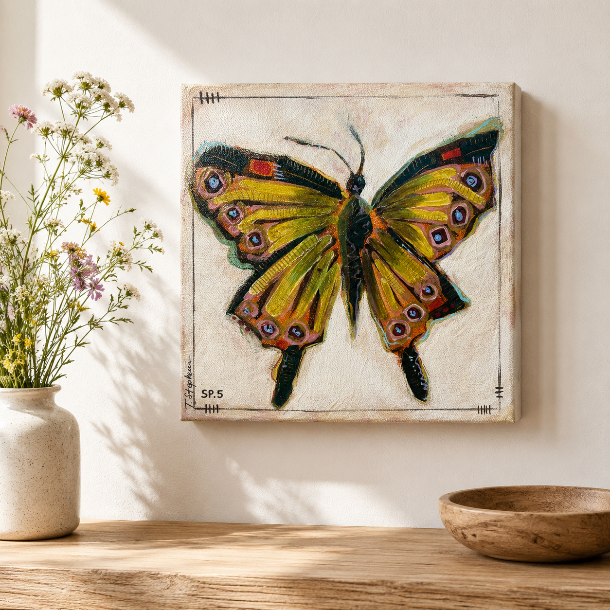 Fable - an original butterfly painting featuring rich colors, painted by Tennessee artist Teri Stephens, styled in a cozy interior