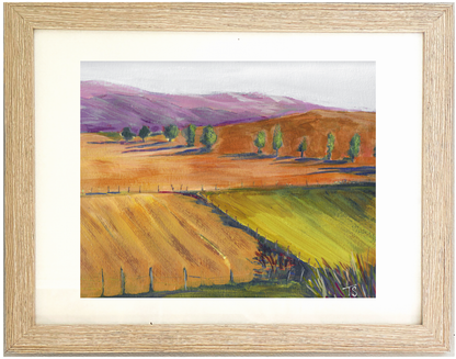 Framed painting of a landscape with fields and trees, "Fallow" by Tennessee artist Teri Stephens