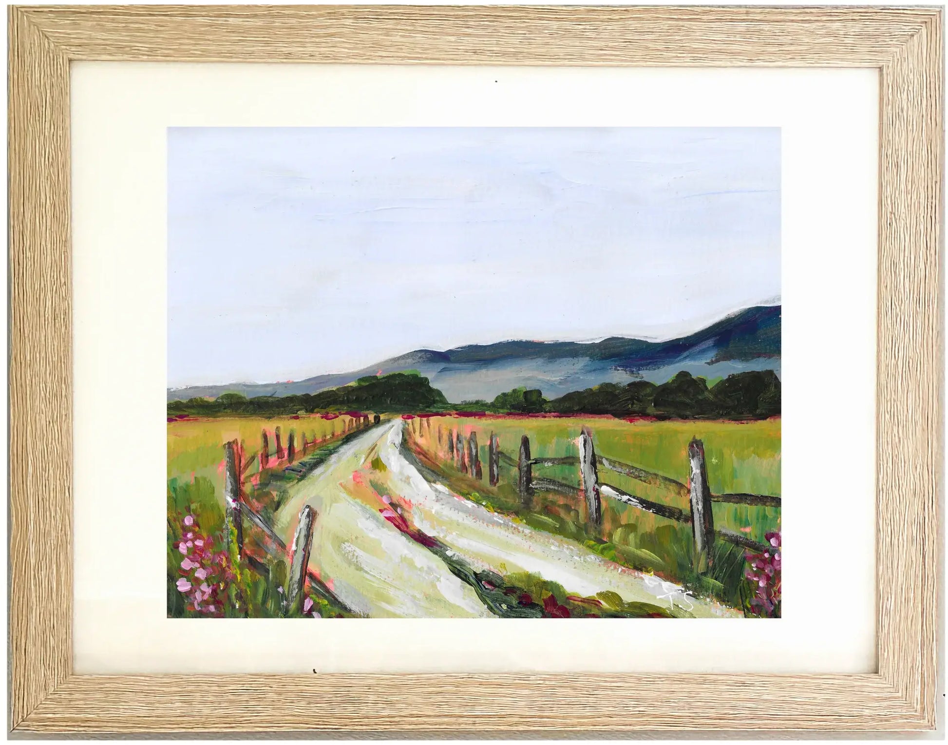 Framed painting of a rural landscape with a path and fence. Titled "Fence" by Teri Stephens