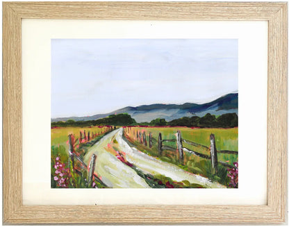 Framed painting of a rural landscape with a path and fence. Titled "Fence" by Teri Stephens