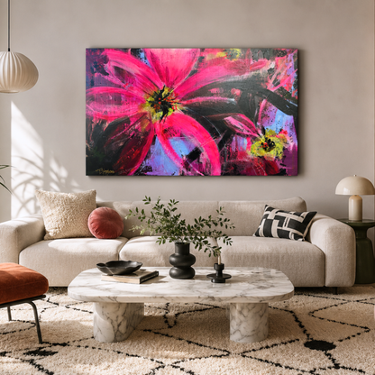 Large floral abstract, titled "Flower Child" by artist Teri Stephens, featuring bold pink and black, in a styled interior setting