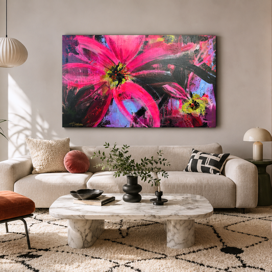 Large floral abstract, titled "Flower Child" by artist Teri Stephens, featuring bold pink and black, in a styled interior setting