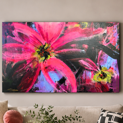 Large floral abstract, titled "Flower Child" by artist Teri Stephens, featuring bold pink and black