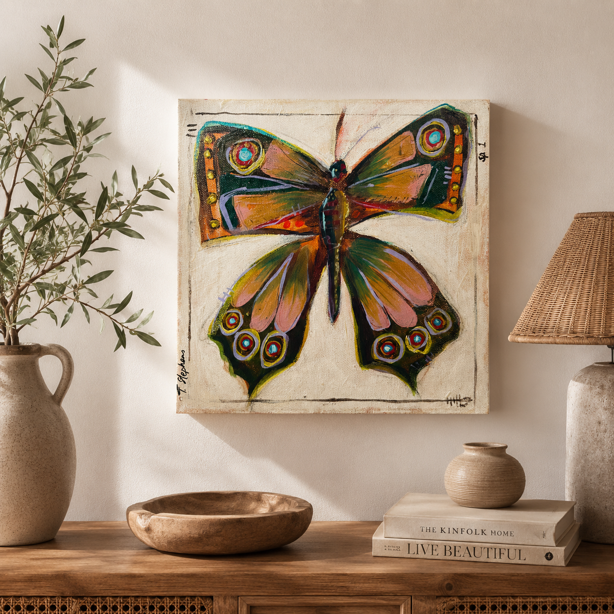 Fold - an original butterfly painting featuring rich colors, painted by Tennessee artist Teri Stephens, styled in a cozy interior