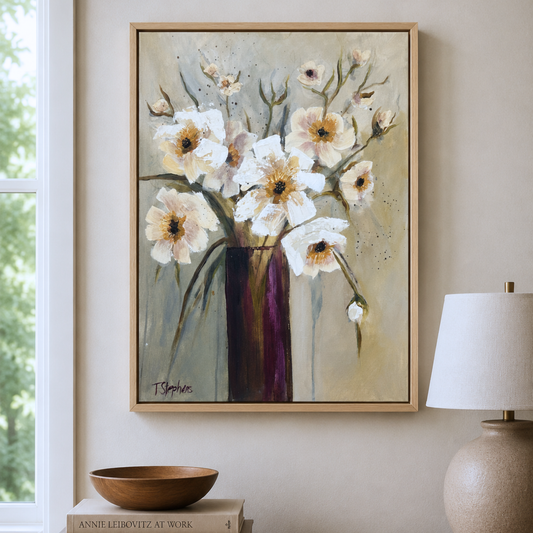 Framed floral painting on a wall with a lamp and books below, original work by artist Teri Stephens