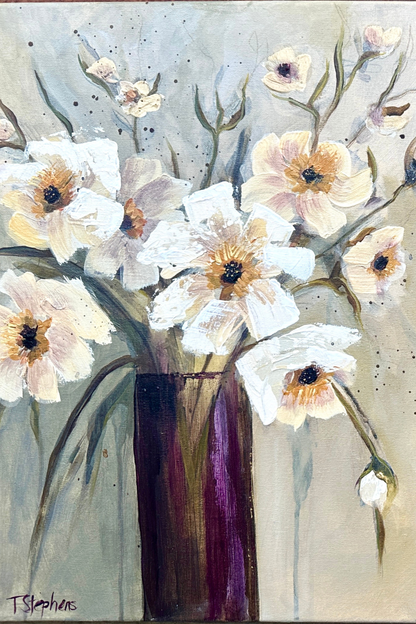 Artistic depiction of flowers in a vase with a soft, pastel background, original floral painting title Forever by artist Teri Stephens