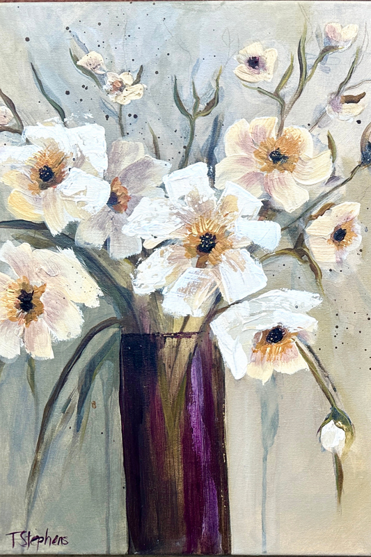 Artistic depiction of flowers in a vase with a soft, pastel background, original floral painting title Forever by artist Teri Stephens