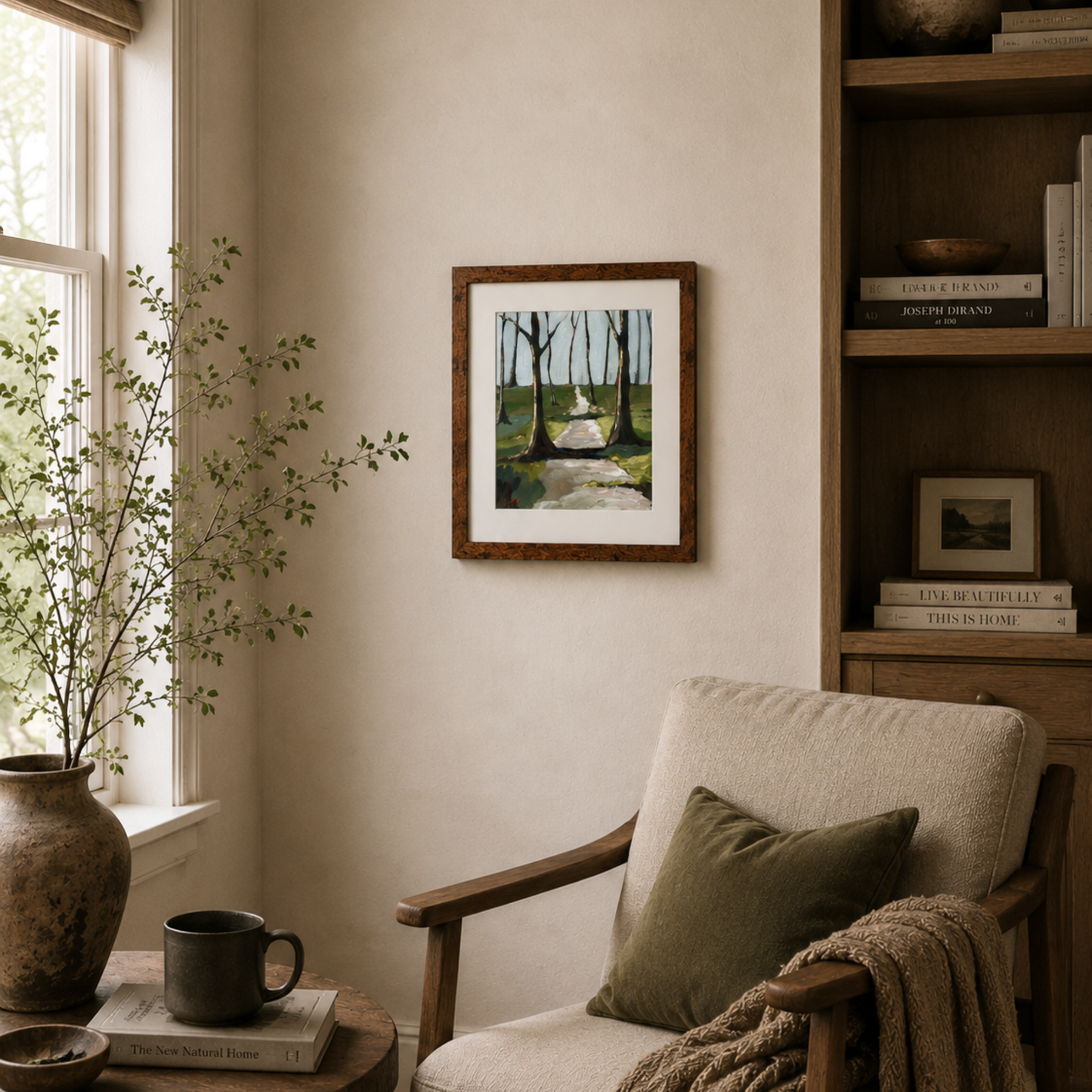 Gate - original landscape artwork by Tennessee Artist Teri Stephens, shown styled in a cozy interior