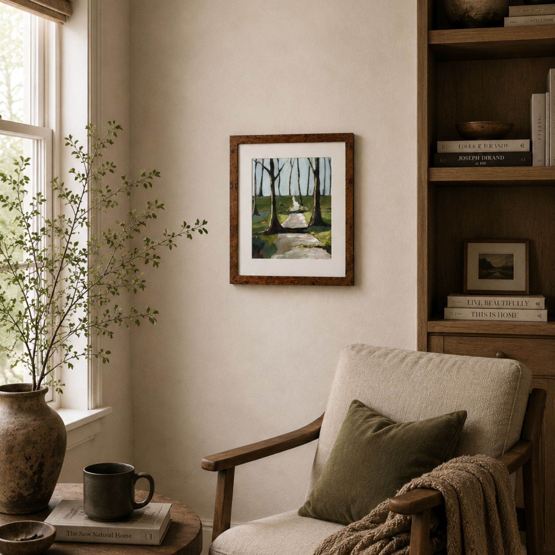 Gate - original landscape artwork by Tennessee Artist Teri Stephens, shown styled in a cozy interior