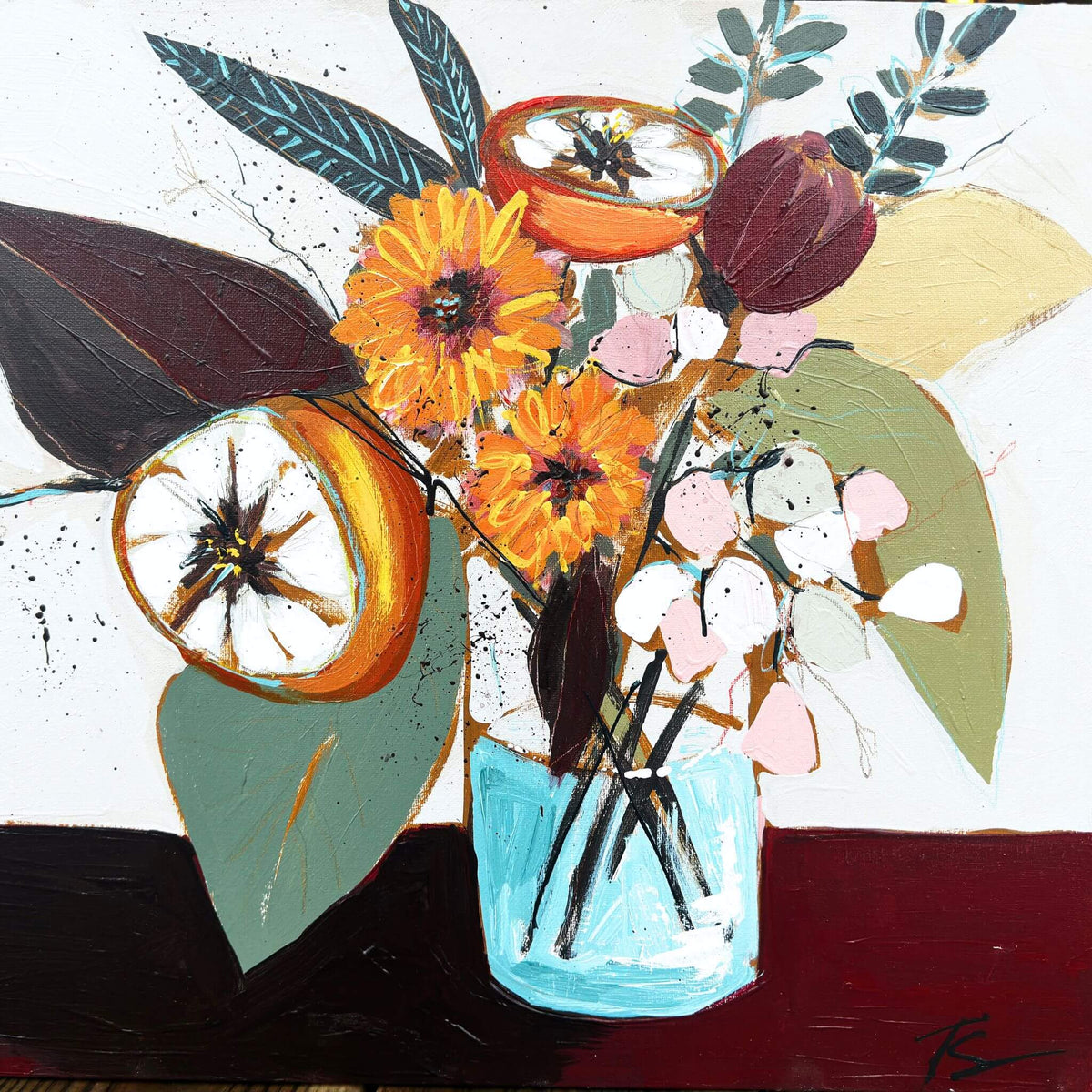 Gathered is an original floral still life painting by Teri Stephens, featuring orange fruit, yellow flowers and expressive foliage in a turquoise vase, shown in a natural wood floater frame.