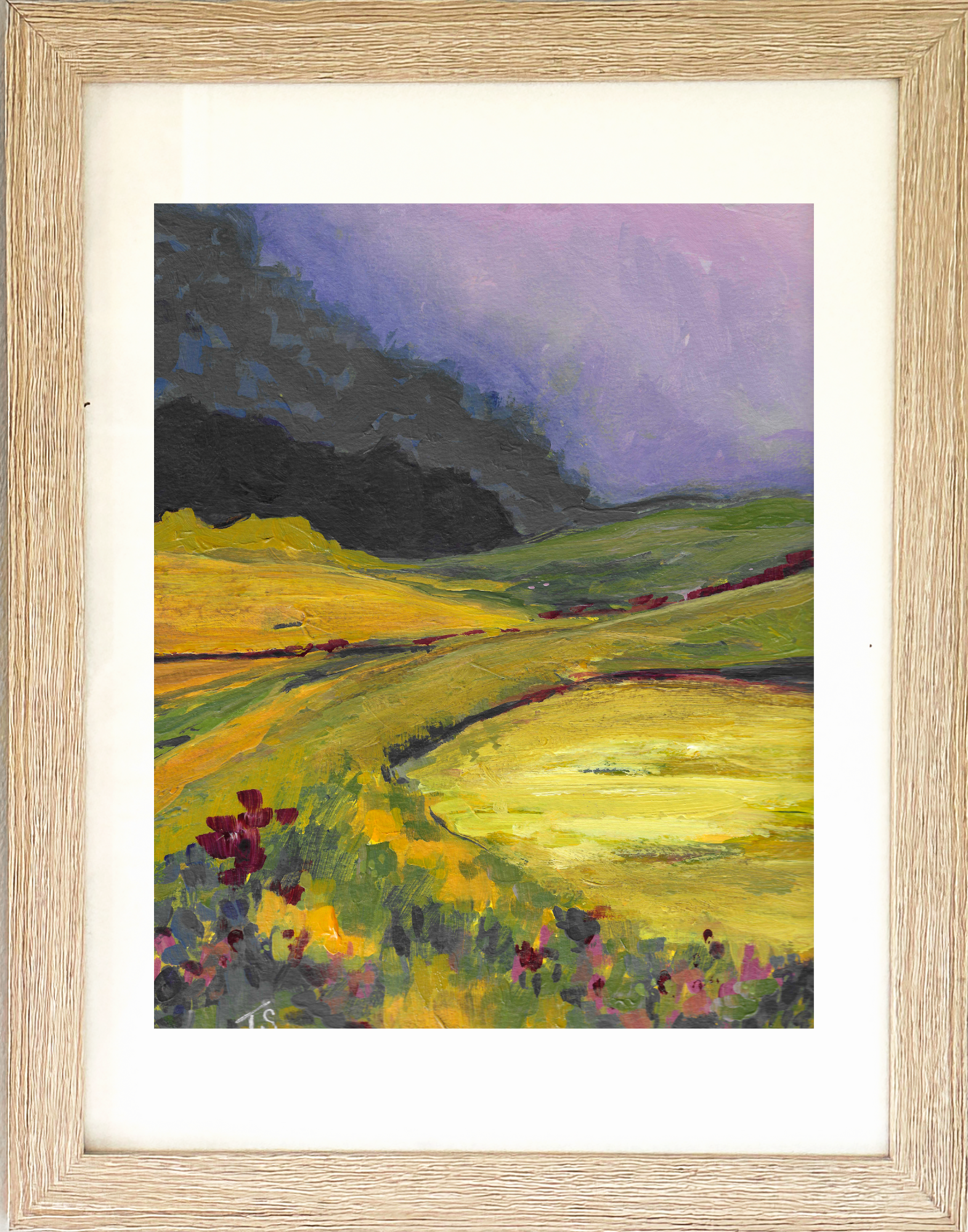 Framed painting of a landscape with rolling hills and a purple sky. Glen by artist Teri Stephens