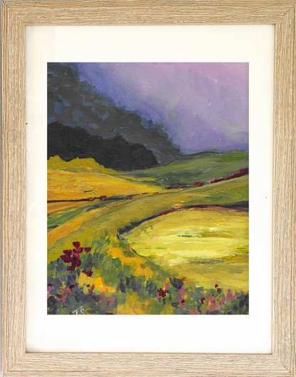 Framed painting of a landscape with rolling hills and a purple sky. Glen by artist Teri Stephens