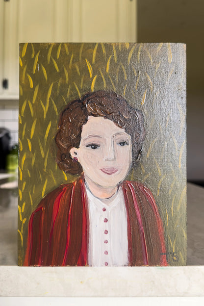 Painting of a person with a red garment on a textured background. Harriet by artist Teri Stephens