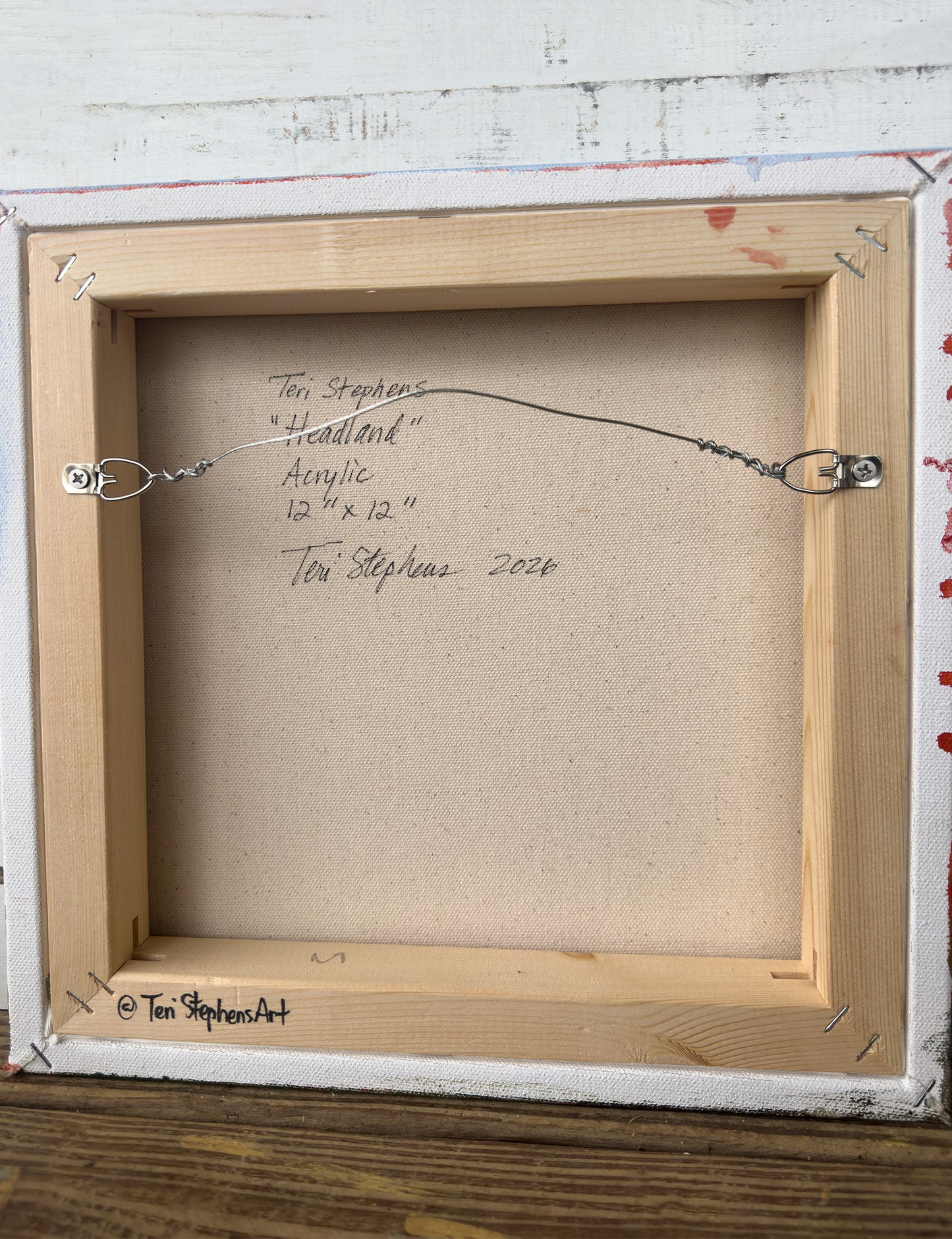 Back of a painting with artist's signature and details, original painting titled "Headland" by Teri Stephens