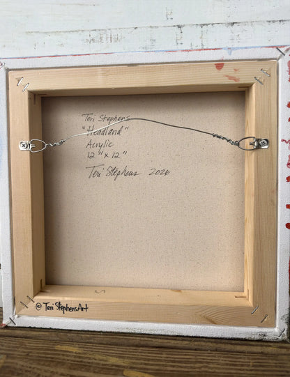 Back of a painting with artist's signature and details, original painting titled "Headland" by Teri Stephens