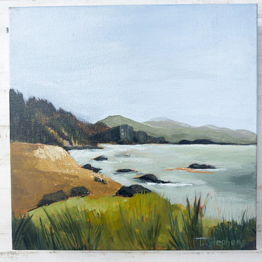 Painting of a coastal landscape with a body of water, grass, and hills. original painting titled "Headland" by Teri Stephens