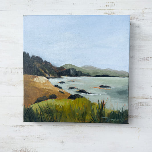 Painting of a coastal landscape with mountains and water, original painting titled "Headland" by Teri Stephens
