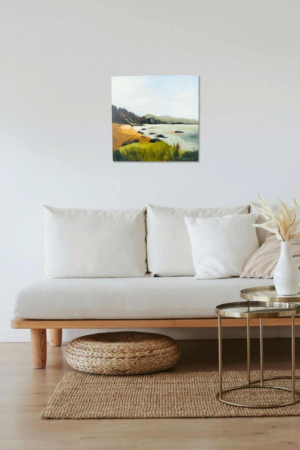 Living room wall showing mock up interior view of an original landscape titled "Headland" by Teri Stephens Art.