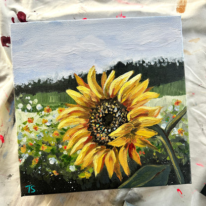 Painting of a sunflower in a field with a textured background, title: Honey by artist Teri Stephens