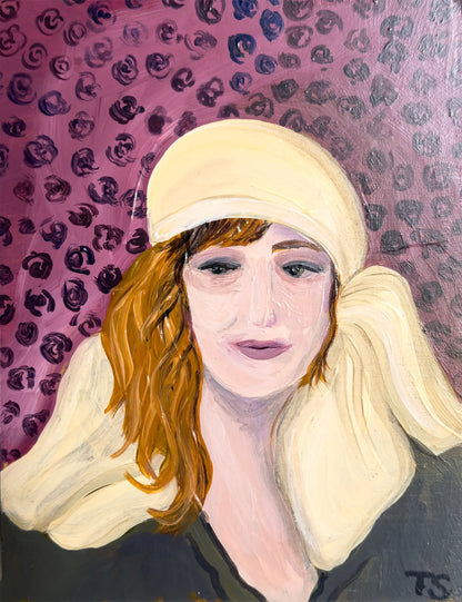 Artistic portrait of a person with red hair and a beige headband against a pink background with black abstract patterns.  Imogene by artist Teri Stephens