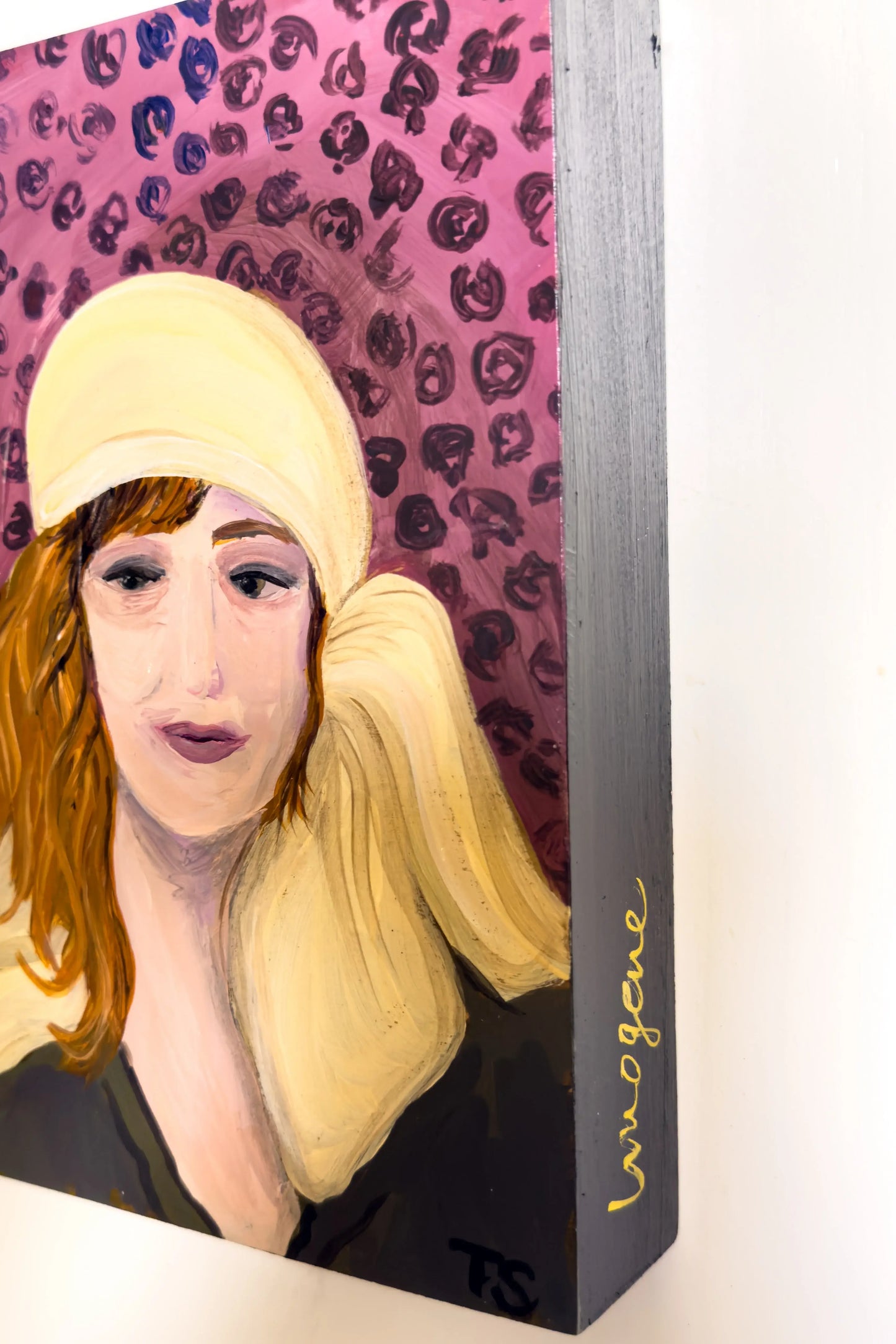 stylized portrait with a leopard print background, featuring the artist's signature.  Imogene by artist Teri Stephens