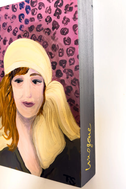 stylized portrait with a leopard print background, featuring the artist's signature.  Imogene by artist Teri Stephens