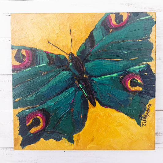 Painting of a butterfly with teal wings on a yellow background, original artwork titled 'Jewel' by Teri Stephens.