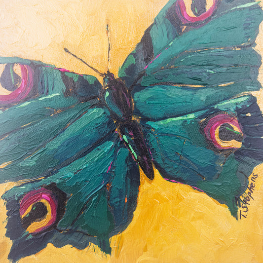 Painting of a butterfly with teal wings on a yellow background, original artwork titled 'Jewel' by Teri Stephens.