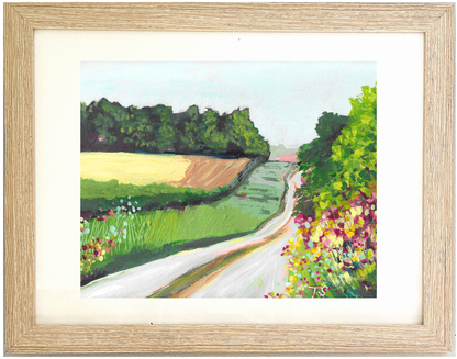 Framed painting of a rural landscape with a road, trees, and flowers. Artwork titled "Lane" by Tennessee artist Teri Stephens