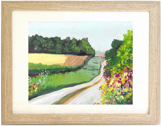 Framed painting of a rural landscape with a road, trees, and flowers. Artwork titled "Lane" by Tennessee artist Teri Stephens